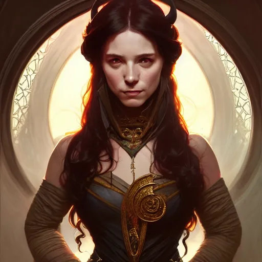 Image similar to ,portrait of an female tiefling, D&D, fantasy, intricate, elegant, highly detailed, digital painting, artstation, concept art, smooth, sharp focus, illustration, art by artgerm and greg rutkowski and alphonse mucha