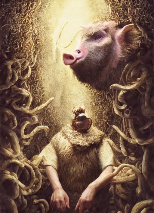 Image similar to a hyper detailed painting of an anthropomorphic joaquin phoenix as the king of animals, cow horns, pig nose, sheep wool, chicken feathers, horror, by anna podedworna, by miklos ligeti, by diego maricato, by taran fiddler, by antonino truisi, by chris reddie, on artstation