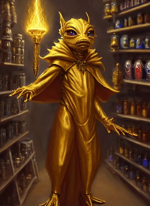 Image similar to a _ fantasy _ style _ portrait _ painting _ of a humanoid gold kobold male in wizard robes in a store selling things, oil _ painting _ unreal _ 5 _ daz. _ rpg _ portrait _ extremely _ detailed _ artgerm _ greg _ rutkowski _ greg