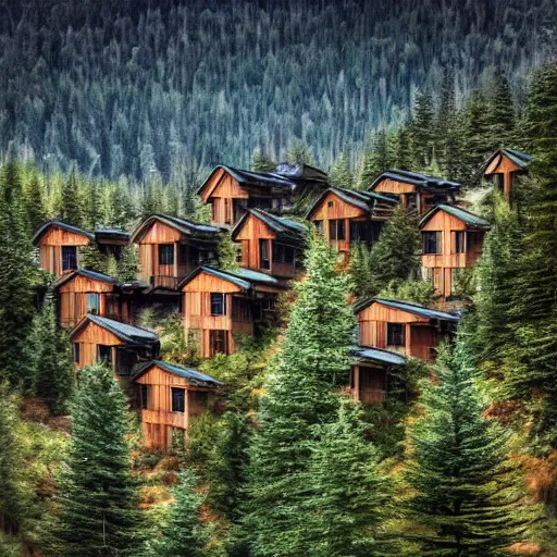 Image similar to brutalist cabin village, mountains, forest, beautiful,