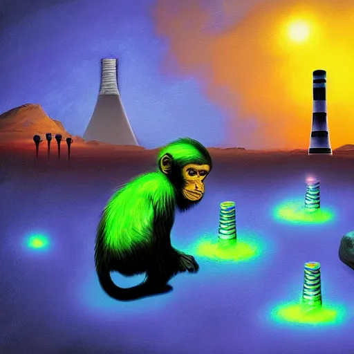 Prompt: high quality digital painting, monkeys playing with glowing radioactive rocks, nuclear power plant in the background