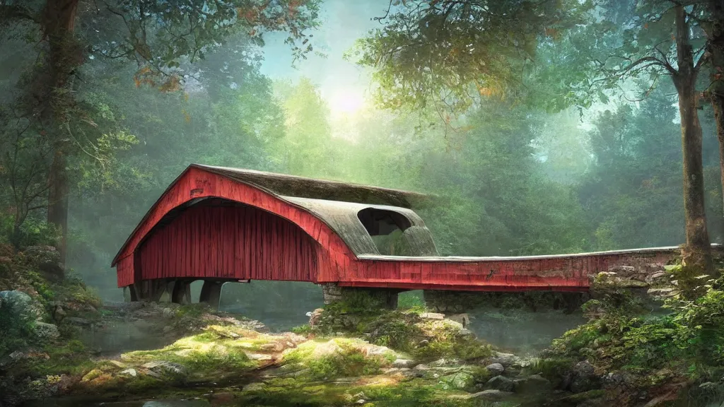 Image similar to Beautiful covered bridge in the woods” Beautiful Dreamscape, Digital art, concept art, detailed, lovely colors, Art station,3-D 4K, beautiful background, matte painting, Mike Criss,