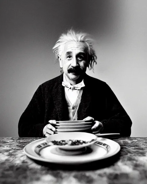 Image similar to a portrait of albert einstein sitting at the dining table with a plate containing manchurian in front of him, highly detailed, trending on artstation, bokeh, 9 0 mm, f / 1. 4