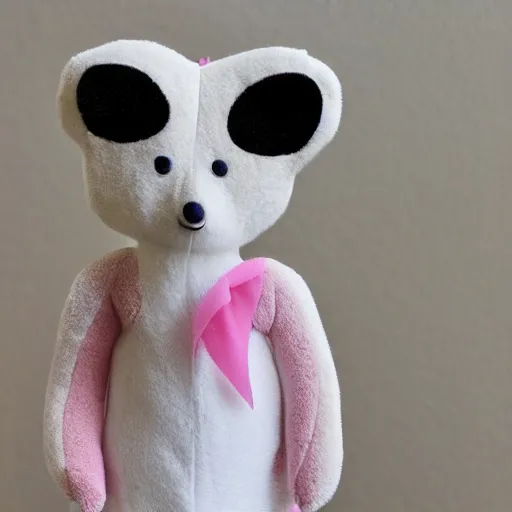 Image similar to a creepy white - and - pink coati plushie made with rough fabric and wearing a shirt