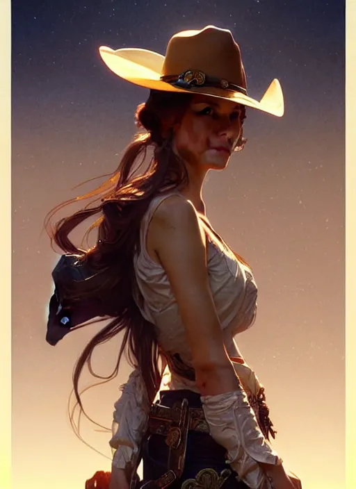 Image similar to cowboy dream, sci - fi, stunning, intricate, elegant. highly detailed, digital painting. artstation. smooth. sharp focus. illustration. art by artgerm and greg rutkowski and alphonse mucha