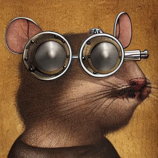 Image similar to a rat with steampunk googles, by Leonardo DaVinci