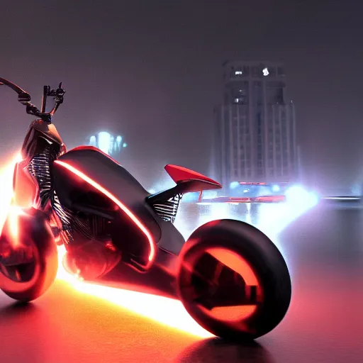 Prompt: a hyperrealistic photograph 3D octane render of a single wheel motorcycle concept design Japanese engineering in the streets of fire, trending on artstation, 4K, dramatic lighting, glowing, volumetric lighting, ray tracing, unreal engine
