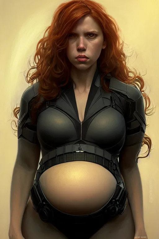 Image similar to pregnant black widow, realistic portrait, symmetrical, highly detailed, digital painting, artstation, concept art, smooth, sharp focus, illustration, cinematic lighting, art by artgerm and greg rutkowski and alphonse mucha