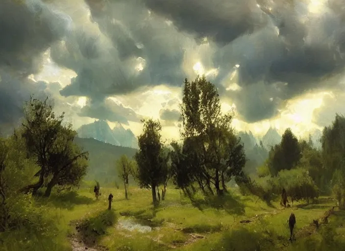 Image similar to oil painting of translucent pears on tree, medieval forest path in dawn by anders zorn, wonderful art by greg rutkowski, incredible lighting, shadows, beautiful cinematic light, american romanticism by greg manchess, tall rocky mountains and storm clouds, sun rays, sunshine, bright sunny summer day, stone walls and wooden fences, meadow