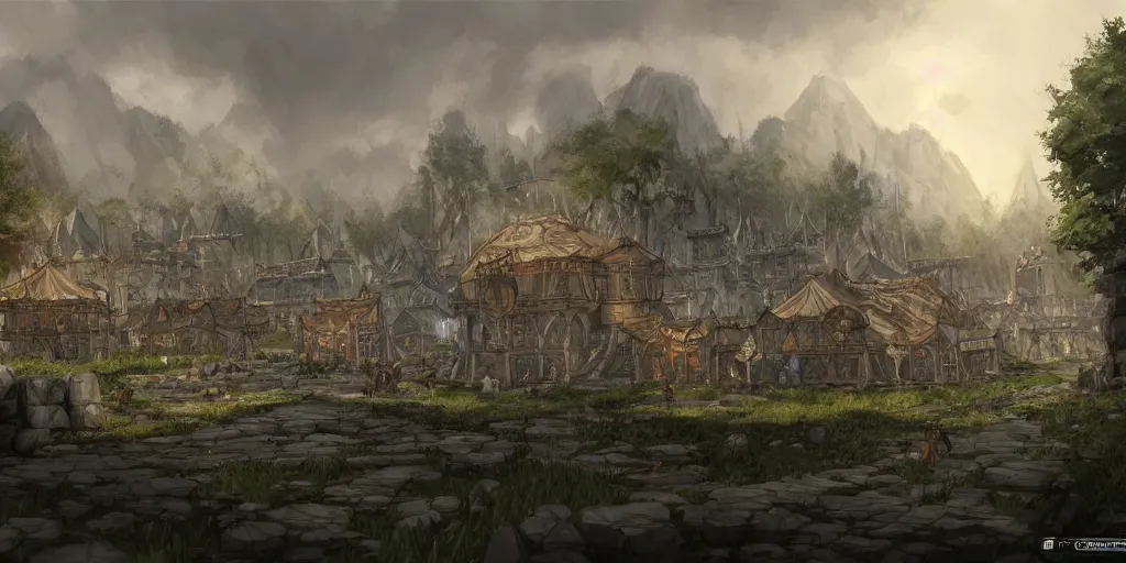 Image similar to Gnoll city with large tents as buildings, barbarian architecture, in the middle of a forest. In style of Hyung-tae Kim, Greg Rutkowski and Larry Elmore, concept art, trending on ArtStation, Korean MMORPG, over-detailed art, 8K, epic, dynamic lightning, scenery, .