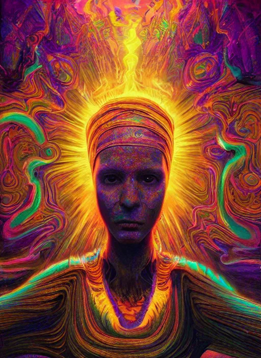 Prompt: portrait ultra dimensional cult girl shaman, accidentally tripping on dmt salvia, psychedelic experience, overwhelming psychosis of self realization and burning awakening, ultra high definition, unreal engine 5, hyperrealism, masterpiece composition, by peter kemp, casey weldon, barclay shaw