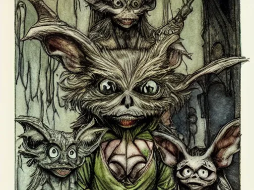 Image similar to gremlins in a castle by arthur rackham and by Tony DiTerlizzi and by brian froud