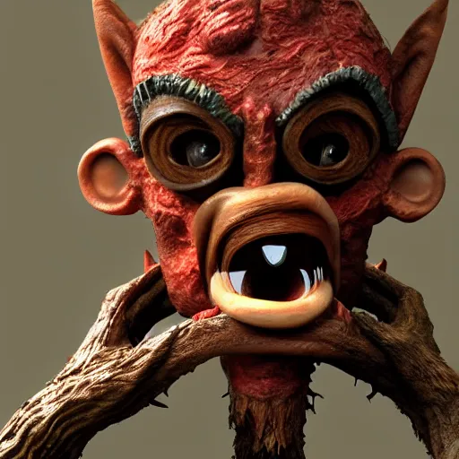 Prompt: Octane render, maya, zbrush, wacom, digital dark fantasy portrait of a wood goblin with shiny red goggles and a twig in his mouth, featured on DeviantArt.com