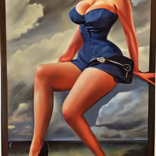 Prompt: Fully-clothed full-body portrait of Kate Upton as a pinup painting on world war II bomber