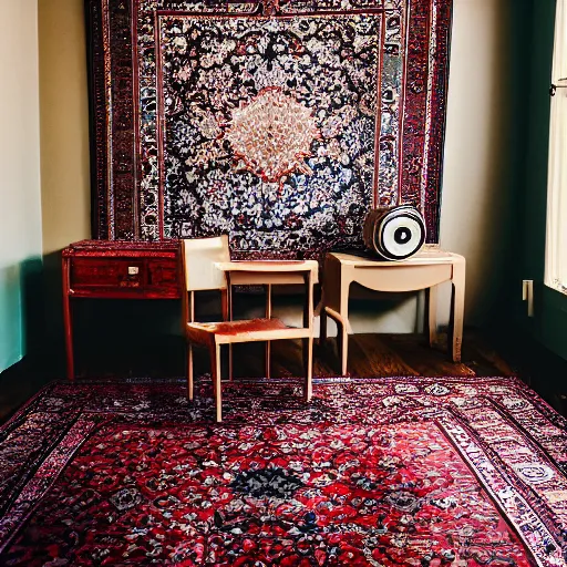 Prompt: a room with a chair, a table, a speaker and a persian carpet on the floor, unsplash, postminimalism, aesthetic