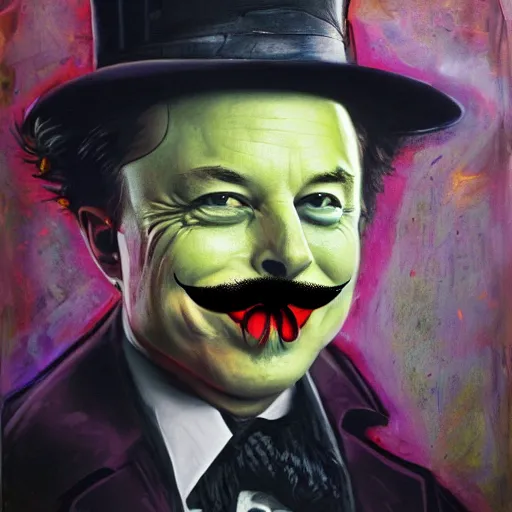 Image similar to elon musk as the grim-hatter with evil mustache grinning, cinematic, dark oil paint, realistic flavor, decaying rich colors!, photograph by tesla