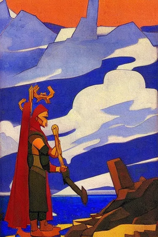 Image similar to thor, marvel, artwork by nicholas roerich,