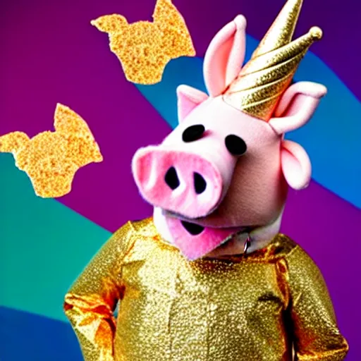 Image similar to studio photograph of a happy pig flying with wings with a unicorn horn depicted as a muppet wearing a gold crown eating pork rind snacks