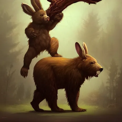 Image similar to a bear and a bunny chimera with the size and strength of a bear, The white color and long bunny ears of a bunny and golden brown antlers. Peter Mohrbacher. George Stubbs. Concept art. Fantasy. Trending on artstation. Masterpiece