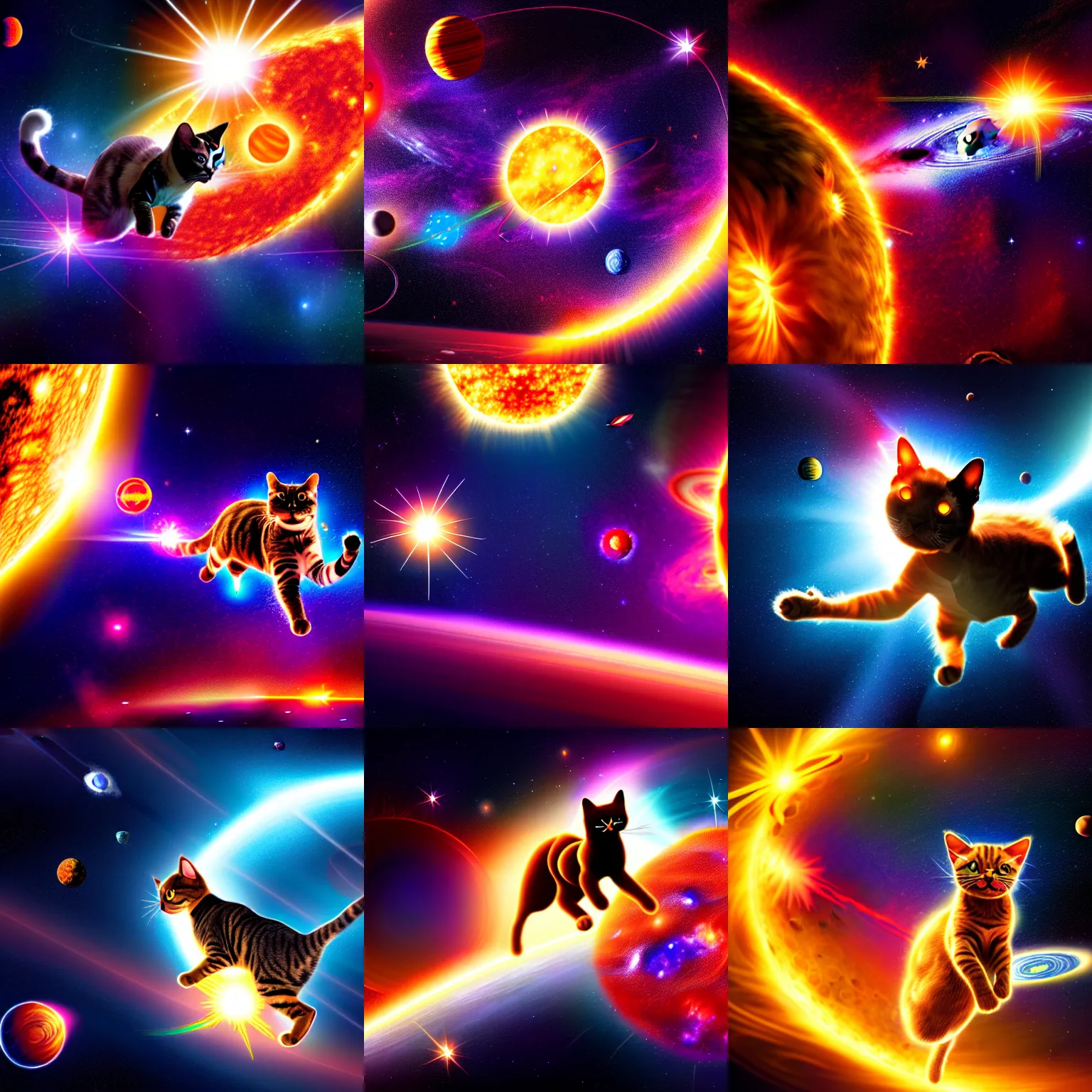 Prompt: a concept illustration of a cosmic cat jumping through the solar systems, highly detailed, 4 k, cosmic atmosphere light flares