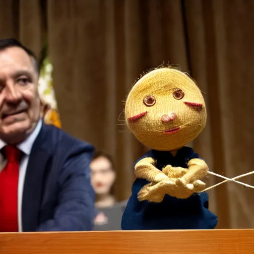 Image similar to press conference with string puppet of a president in a podium