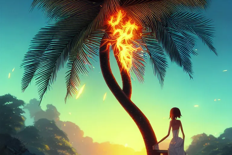 Image similar to 4K hyper detailed portrait of a Fiery Palm tree igniting a black background, sending flickering aesthetic firefly ashes towards viewer by Makoto Shinkai, by Artgerm, by beeple, by Greg Rutkowski, volumetric lighting, octane render, 4K resolution, trending on artstation, masterpiece