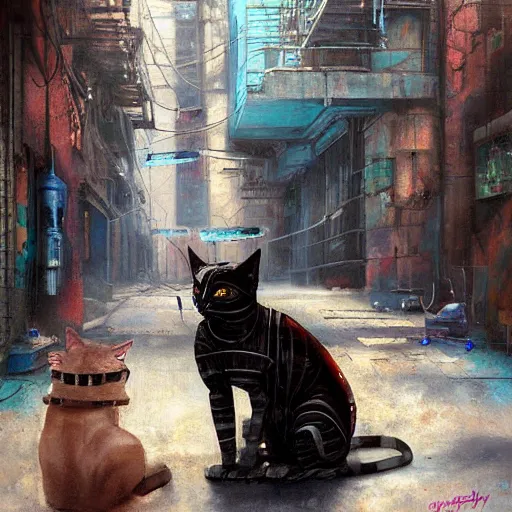 Image similar to a sphynx with robotic parts cat, in a cyberpunk alleyway by daniel gerhartz