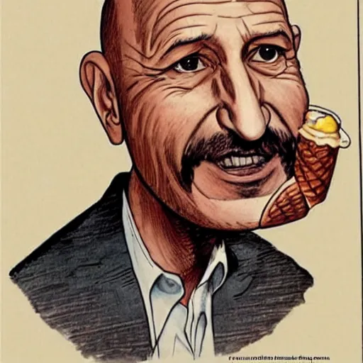 Prompt: ben kingsley is an ice cream ball in an ice cream cone. he is vanilla. caricature, colorful ink, by moebius