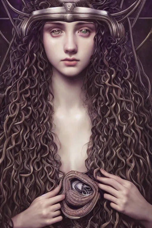 Prompt: Pre-raphaelite Perfectly-centered Hyperdetailed Hyper realistic symmetrical cinematic RPG digital art portrait-illustration of beautiful teenager Medusa in a highschool locker room, snakes for hair, style of epic sci-fi comic-book cover, 3D rim light, octane, cgsociety, smooth, sharp focus