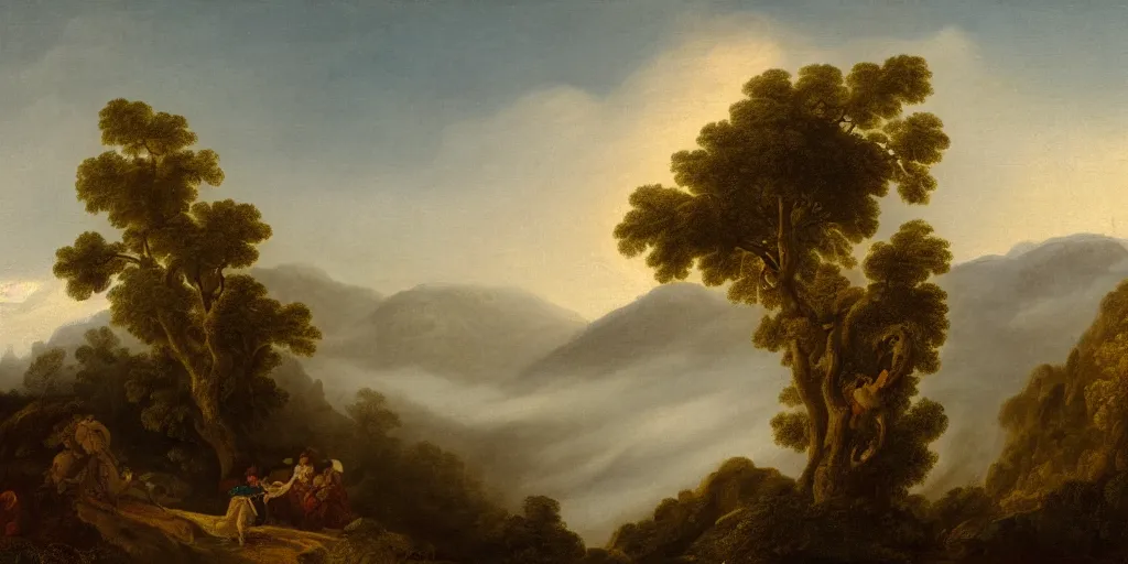 Prompt: rococo painting of a fog descending on a valley in the late afternoon 8 k