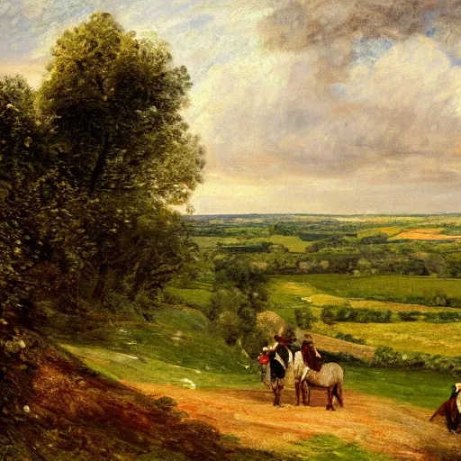 Prompt: Painting of a victorian gentleman overlooking countryside. High resolution in the style of John Constable.