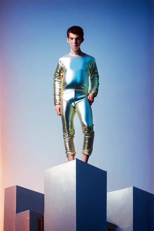 Image similar to un ultra high definition studio quality photographic art portrait of a young man standing on the rooftop of a british apartment building wearing soft baggy inflatable padded silver iridescent pearlescent clothing. three point light. extremely detailed. golden ratio, ray tracing, volumetric light, shallow depth of field. set dressed.