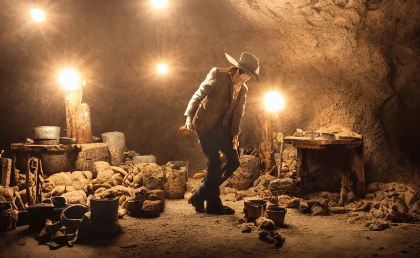 Image similar to a dirty golden retriever finding many large gold nugget piles in a dark mine and wearing a black western hat and jacket, dim moody lighting, wooden supports and wall torches and pick axes, cinematic style photograph