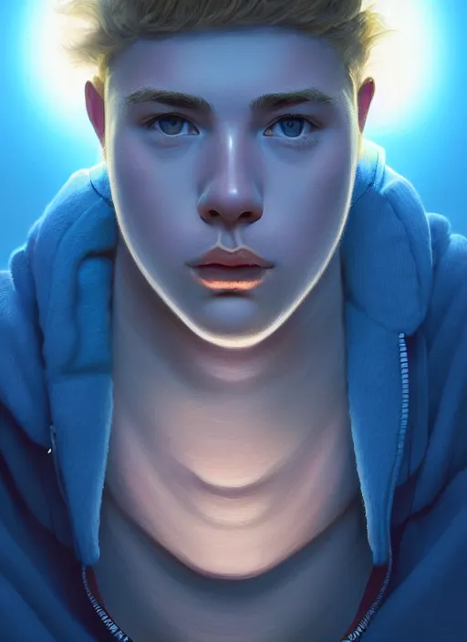 Image similar to portrait of high school senior boy named big moose, blonde short hair, jock, beefy, wide face, square jaw, square facial structure, blue varsity jacket with letter r, intricate, elegant, glowing lights, highly detailed, digital painting, artstation, concept art, sharp focus, illustration, art by wlop, mars ravelo and greg rutkowski