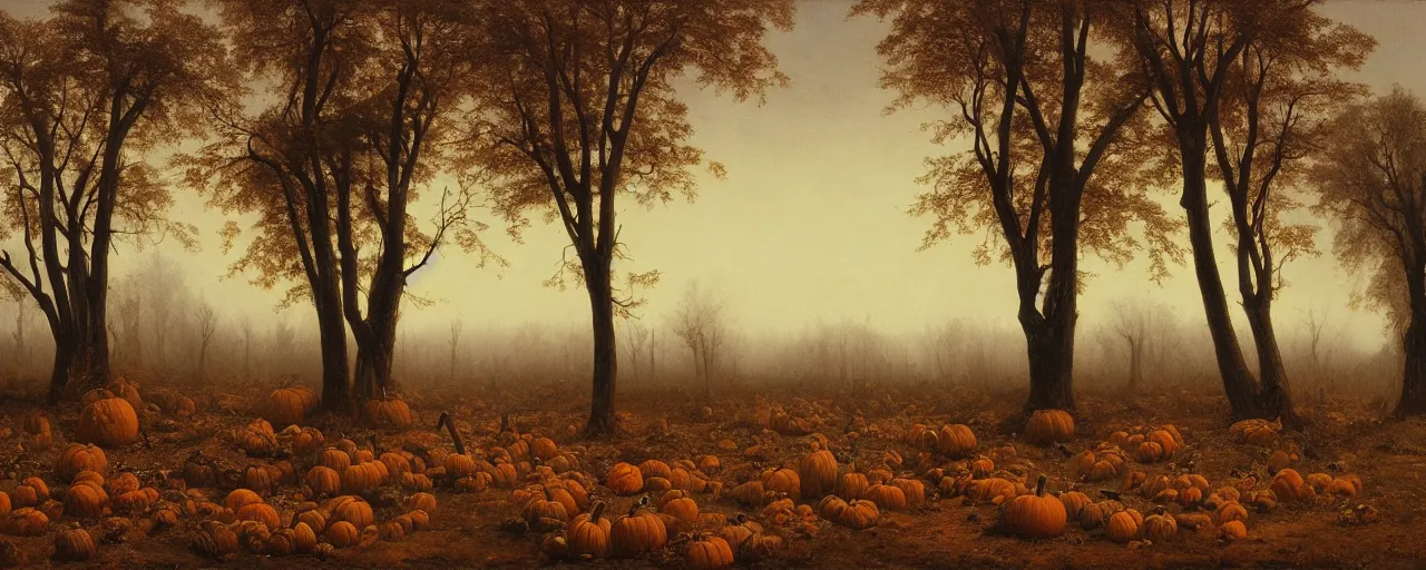 Image similar to a large pumpkin patch surrounded by fall dead trees spooky fog shrouded landscape, forest, matte painting, by Isaac Levitan and Vasily Perov