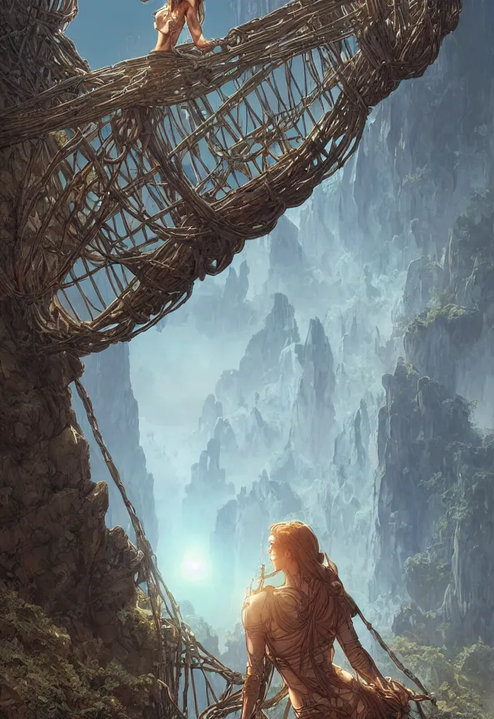 Prompt: comic book cover of android on a old rope bridge looking up at crystal temple, highly detailed, professional digital painting, Unreal Engine 5, illustration, HD quality, 8k resolution, cinema 4d, 3D, cinematic, professional photography, art by artgerm and greg rutkowski and alphonse mucha and loish and WLOP