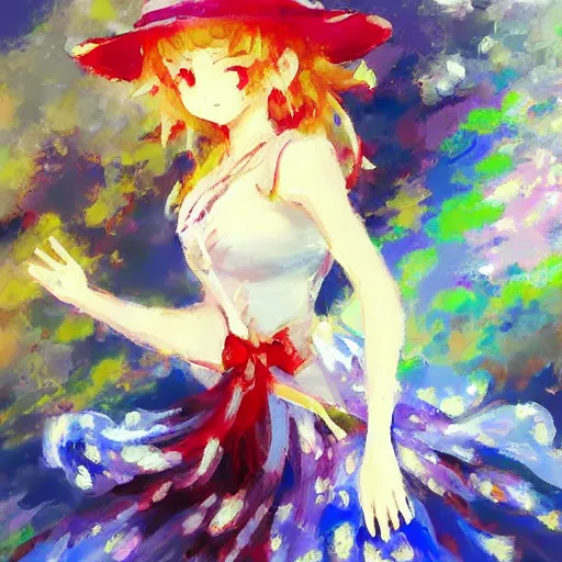 Prompt: Beautiful abstract impressionist painting of Kirisame Marisa from the Touhou project waving from afar, touhou project official artwork, danbooru, oil painting by Antoine Blanchard, wide strokes, pastel colors, soft lighting sold at an auction