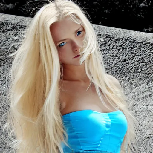 Prompt: photograph : a very beautiful teenage model with 2 0 meters extremely long blond hair, full body, extremely long wavy 2 0 meters long blond hair, sky blue eyes, full round face,, bikini, miniskirt, front shot, extremely long thick blond hair