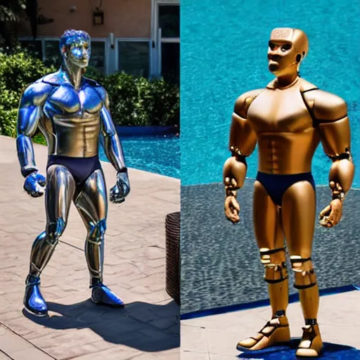 Image similar to a realistic detailed photo of a guy who is an attractive humanoid who is half robot and half humanoid, who is a male android, wrestler zack ryder, shiny skin, posing like a statue, blank stare, by the pool, on display, showing off his muscles, humanoid robot, frozen ice statue