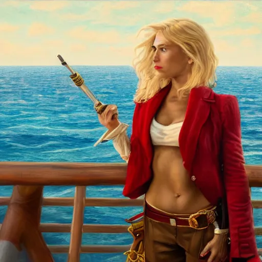 Prompt: a fierce, blonde, well - dressed, armed, pirate woman, standing on the deck of her ship gazing at the horizon through a spyglass, realistic, hyperdetailed, 8 k, oilpainting