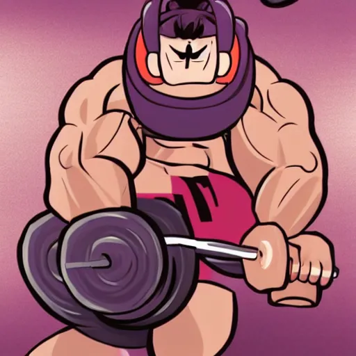 Prompt: muscular Kirby lifting weights at a gym, fantasy