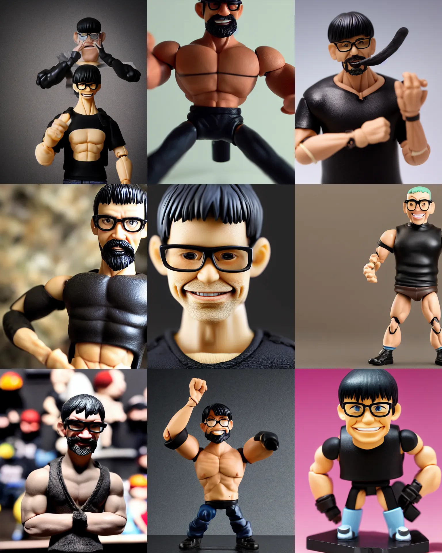 Prompt: plastic action figure of a buff smiling man with long stubble, muscular neck, rectangular square shaped glasses and a black bowl cut, wearing a black tshirt, dramatic light, shallow depth of field, blur, out - of - focus background, by kim jung gi, ric estrada, ron english and eiichiro oda