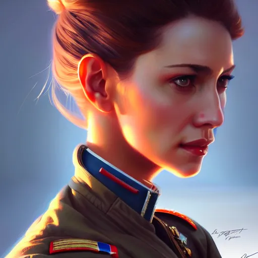 Image similar to Portrait of a charming lady fighter pilot, highly detailed, digital painting, artstation, concept art, smooth, sharp focus, illustration by Artgerm and Greg Rutkowski