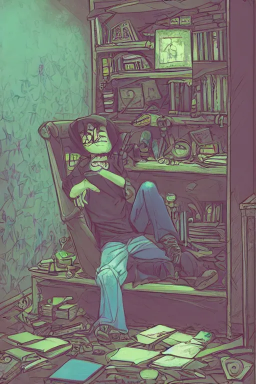 Image similar to goth guy sitting on the floor of a cluttered 9 0 s bedroom reading a book by sophie anderson, vaporwave colors, lo - fi, concept art, smooth, detailed, toon shading, cel shading, animation, 4 k, hd,