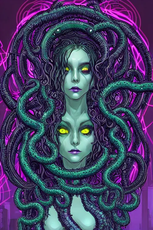 Image similar to Perfectly-centered Hyperdetailed symmetrical cinematic RPG portrait-illustration of a beautiful aetherpunk cyberpunk Medusa in a long neon-noir lovecraftian dress while her hair is made of huge ravepunk snakes. She's standing next to otherworldly towers in a surreal landscape with a cosmic horror blurred background, in the style of an epic sci-fi comic-book cover, 3D rim light, smooth digital art, sharp focus, 8K, masterpiece, Professional post-processing and HDR digital airbrush painting, Gsociety, ArtstationHQ, 3d final render, 3d shading, unreal 5, octane render, psychedelic highlights and overtones, dramatic, dynamic and atmospheric lighting, anamorphic lens.