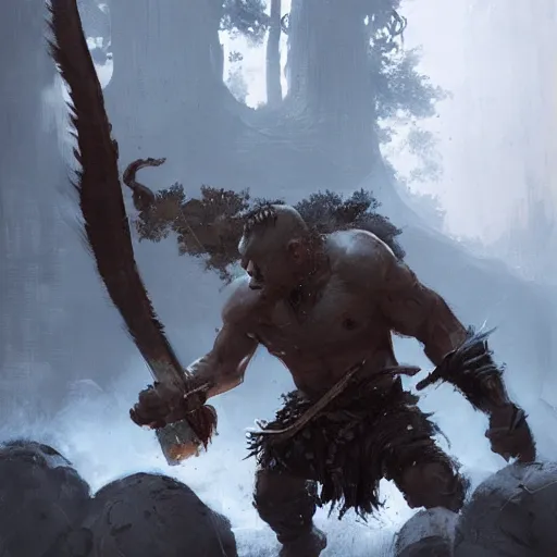 Image similar to a warrior fighting a troll, greg rutkowski