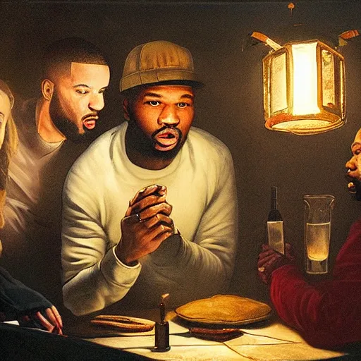 Image similar to 2 1 savage and 5 0 cent and drake huddled around a table with a lantern in a dark pub like in the denial of st. peter by gerard seghers