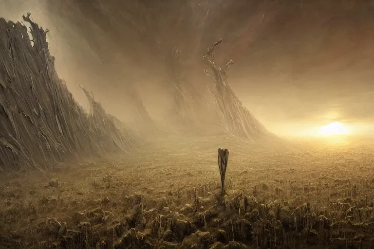 Image similar to prophecy, moody, amazing concept painting, art station, by Jessica Rossier and HR giger and Beksinski, the middle of a valley; it was full of bones, bones that were very dry, there was a noise, a rattling sound, and the bones came together, bone to bone , I looked, and tendons and flesh appeared on them and skin covered them, but there was no breath in them and breath entered them, they came to life and stood up on their feet a vast army