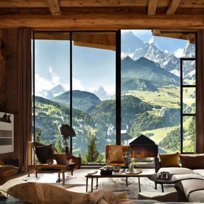 Image similar to fantastical living room with switzerland landscape in the window