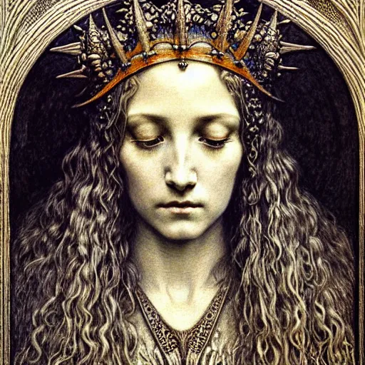 Prompt: detailed realistic beautiful young medieval queen face portrait by jean delville, gustave dore, zdzisław beksinski and marco mazzoni, art nouveau, symbolist, visionary, gothic, pre - raphaelite, art forms of nature by ernst haeckel, memento mori